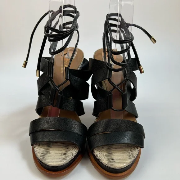 Calvin Klein Penelope Black Leather Strappy Lace-Up Block Heel Sandals 7 - Picture 2 of 14